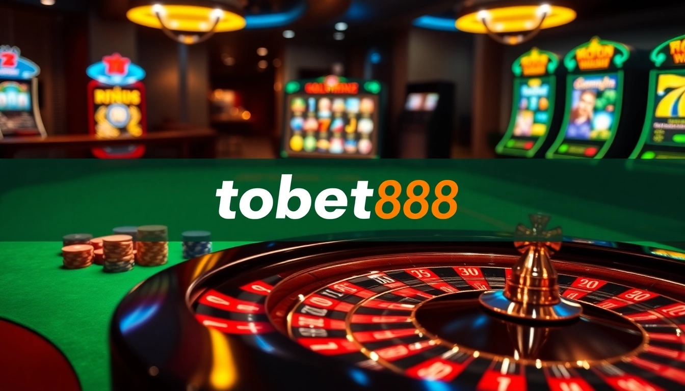 Gamblers engage at the trang chủ tobet88 interface, featuring vibrant casino elements and excitement.