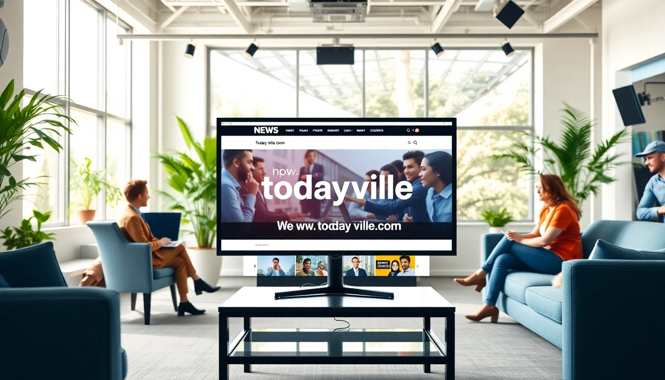 Creating engaging content at https://www.todayville.com, vibrant newsroom with a collaborative atmosphere.