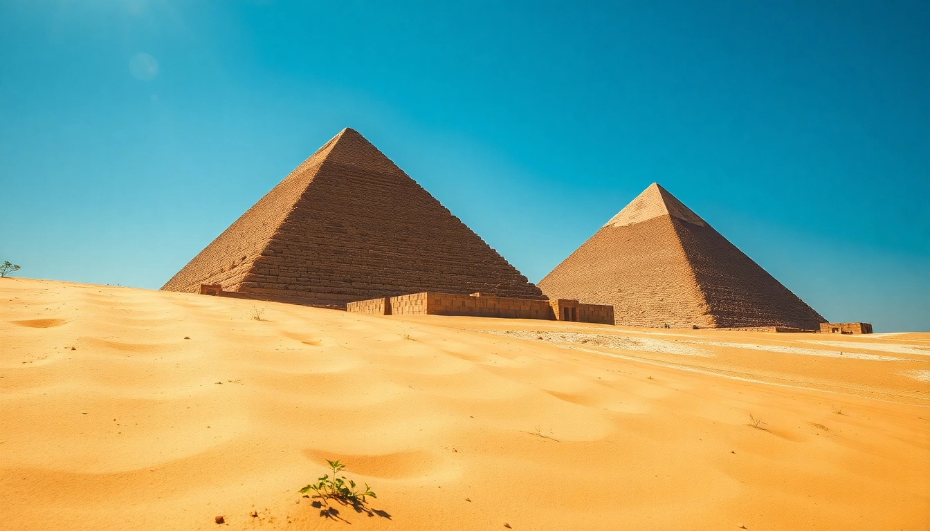 Pyramids standing tall under a blue sky, surrounded by desert sand and plants.