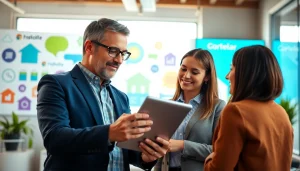 Marketing Consultant advising clients effectively in a bright and creative office environment.