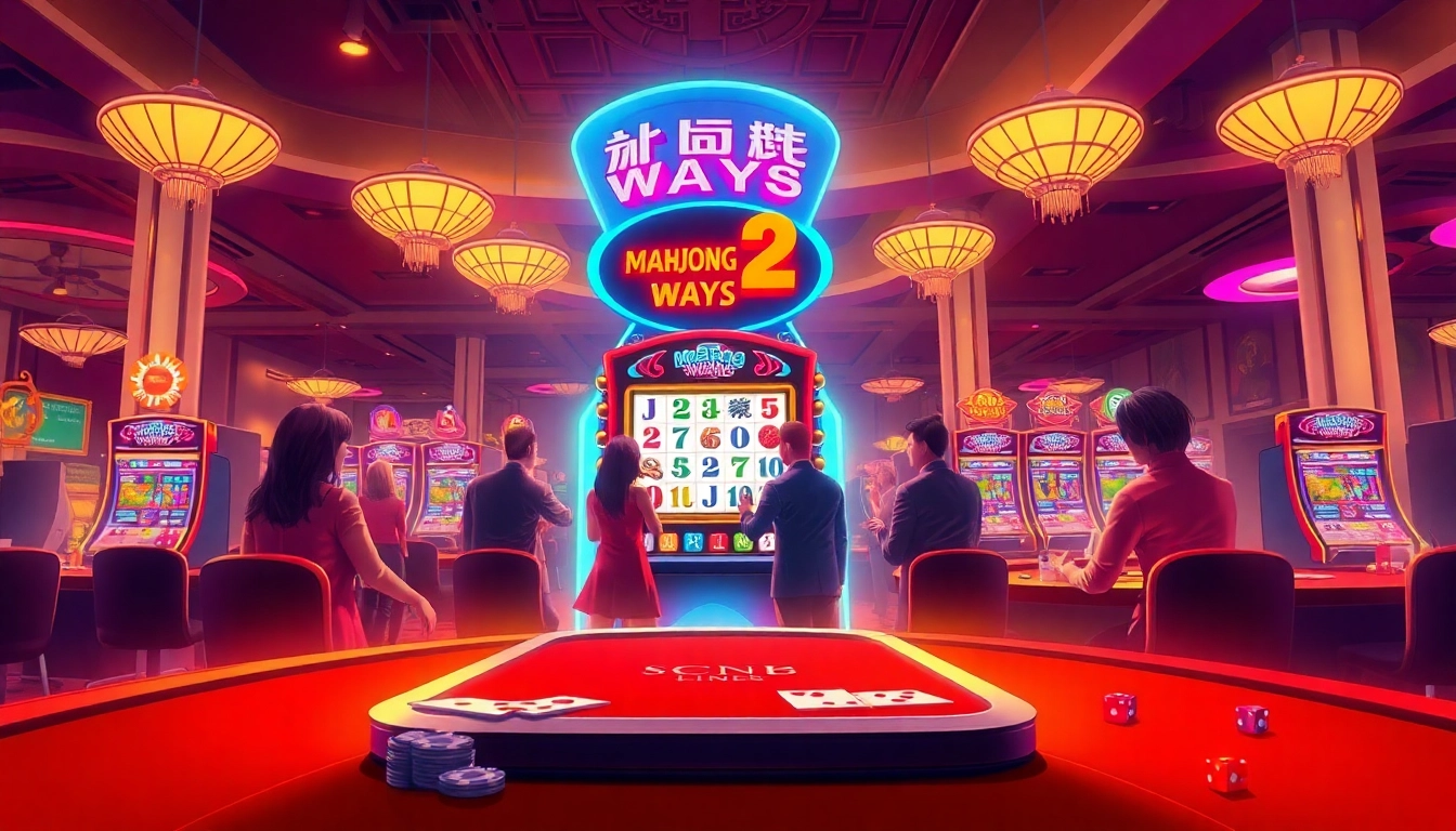 Pemain menikmati pengalaman mesin slot Mahjong Ways 2 di sebuah kasino yang penuh warna.