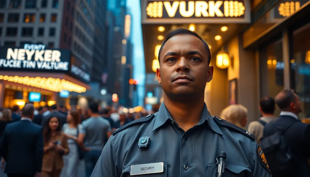 New York Private Security Guard standing vigilant at a bustling event venue, embodying professionalism and trust.