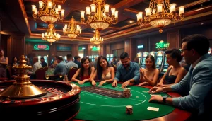 Engaging players at a luxury poker table showcasing 388bet, with chips and roulette wheel lighting up the scene.
