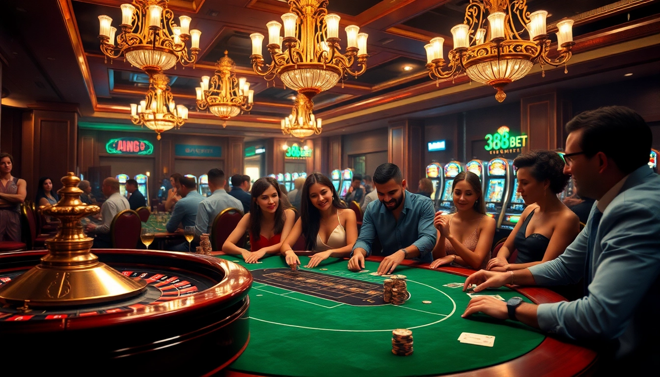 Engaging players at a luxury poker table showcasing 388bet, with chips and roulette wheel lighting up the scene.