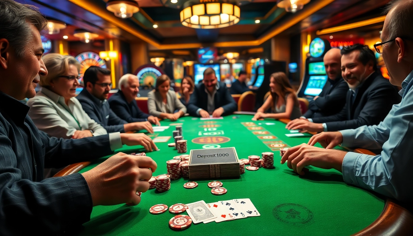 Gambling scene showcasing a vibrant poker table with a cash deposit of 1000, emphasizing excitement and strategy.