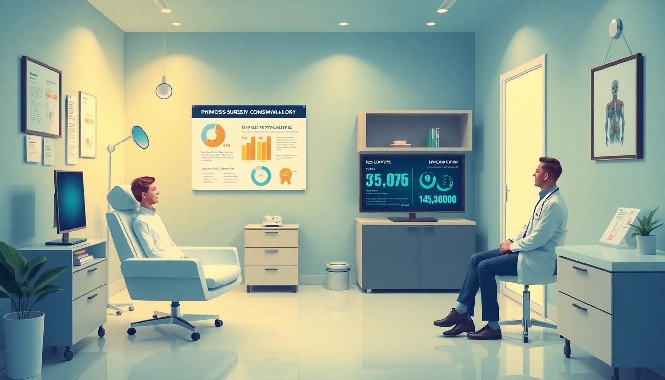 包茎手術の推奨を想定した専門クリニックの診療風景、医師と患者のカウンセリングを含む。