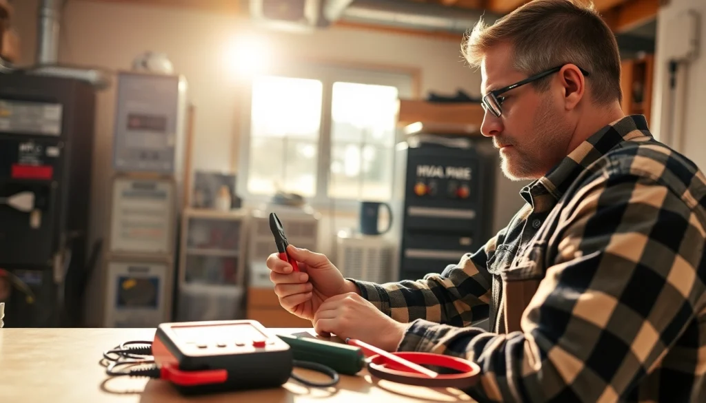 Technician performing furnace repair northsalem with tools in a well-lit garage.