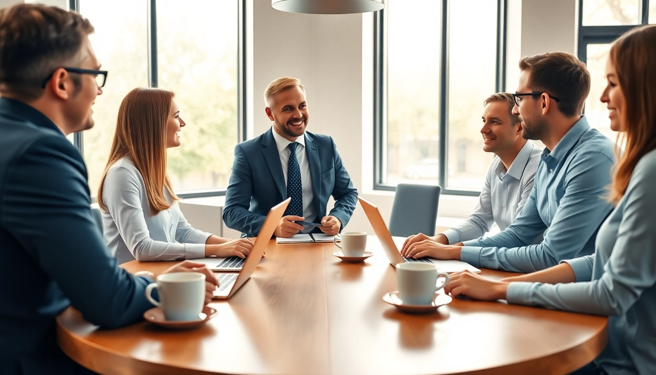 Business coach near me conducting a productive meeting with clients in a modern office.