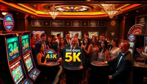Pemain yang terlibat menikmati Slot Depo 5k di kasino mewah, menonjolkan kegembiraan dan antisipasi.