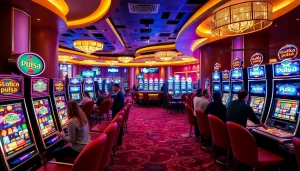 Pemain yang berinteraksi dengan mesin slot pulsa yang berwarna-warni di lingkungan kasino mewah.