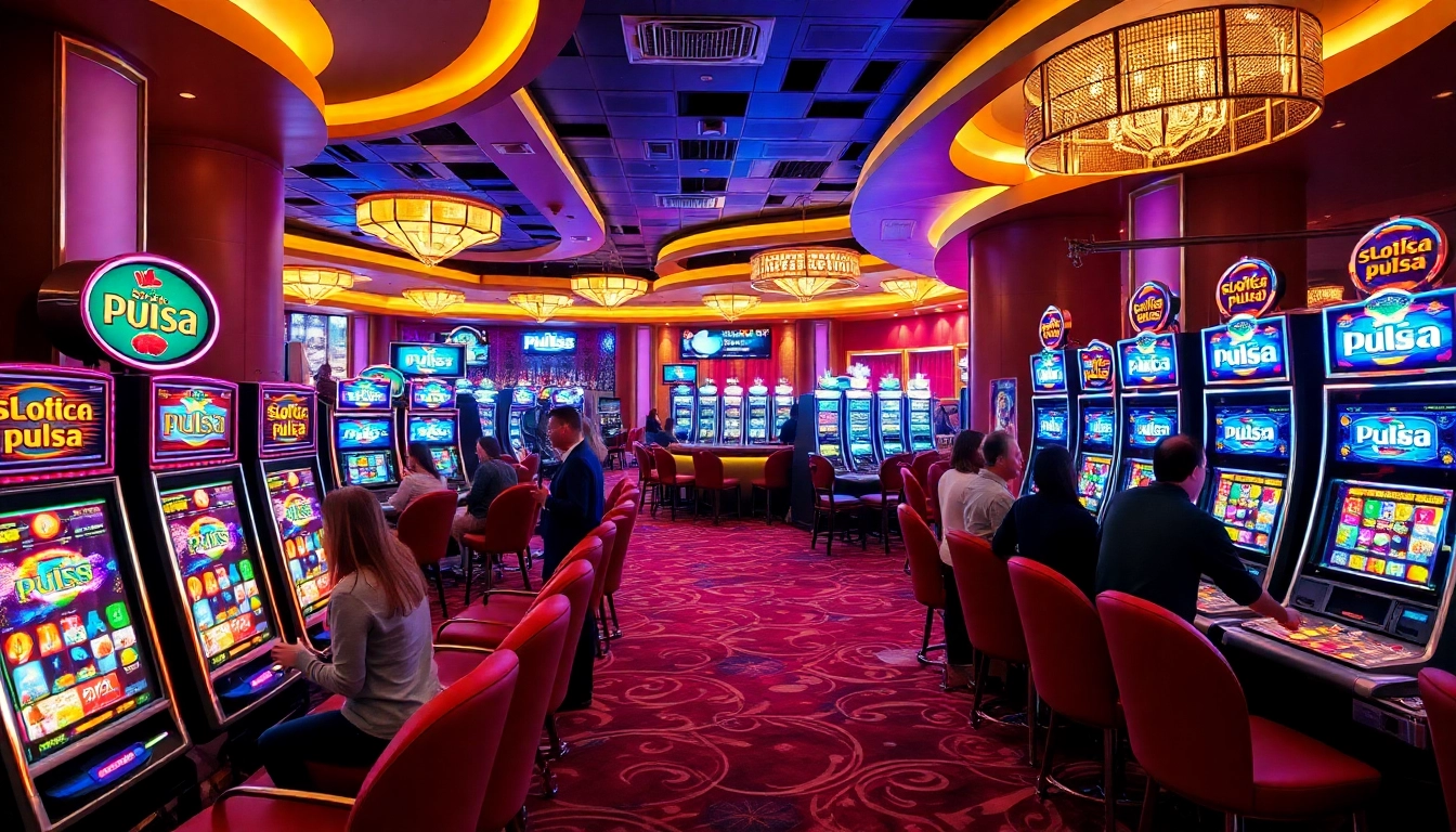Pemain yang berinteraksi dengan mesin slot pulsa yang berwarna-warni di lingkungan kasino mewah.
