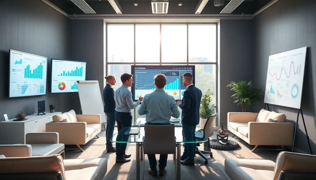 Sales team engaged in competitive intelligence for sales analysis in a bright conference room.