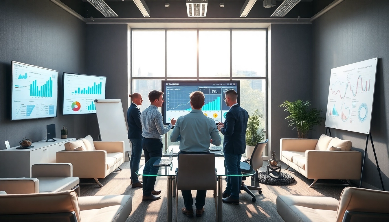 Sales team engaged in competitive intelligence for sales analysis in a bright conference room.