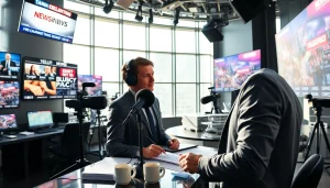 Journalist reporting news updates on Usa Today in a modern newsroom.