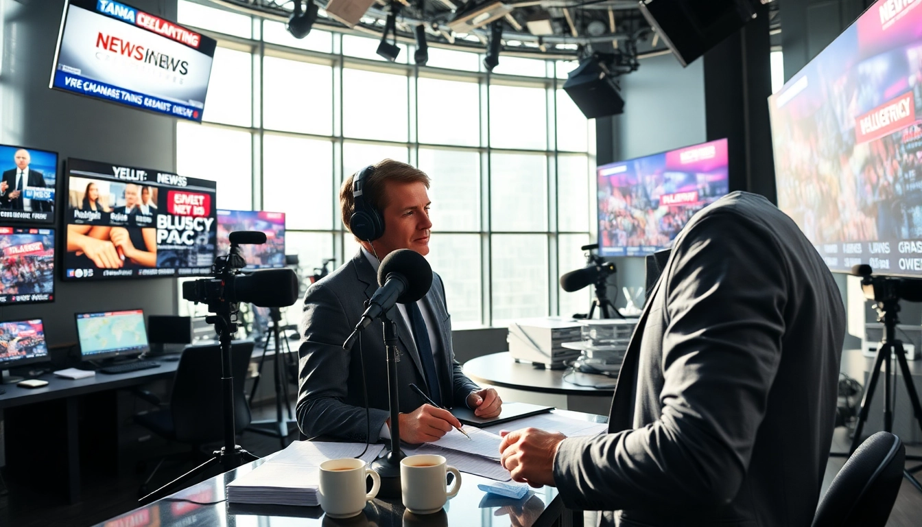Journalist reporting news updates on Usa Today in a modern newsroom.