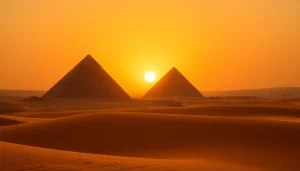 Investigate https://piraminds.com/ with the majestic Giza pyramids under a dramatic sunset.
