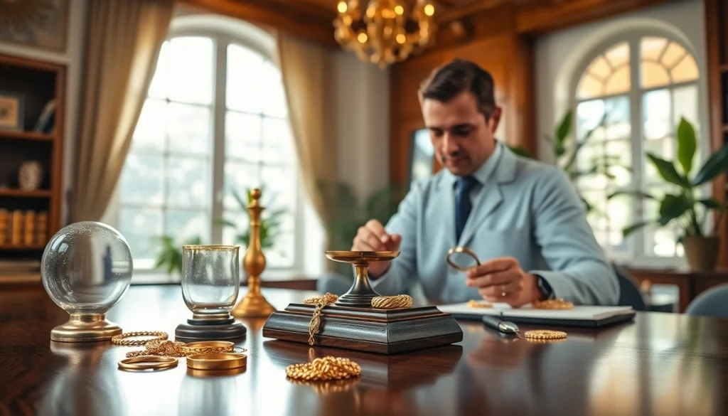 Goldankauf: Professioneller Juwelier inspiziert Goldschmuck in einer modernen Umgebung.
