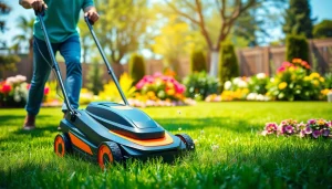 Electric lawn mower cordless in a sunny backyard, showcasing eco-friendly gardening.