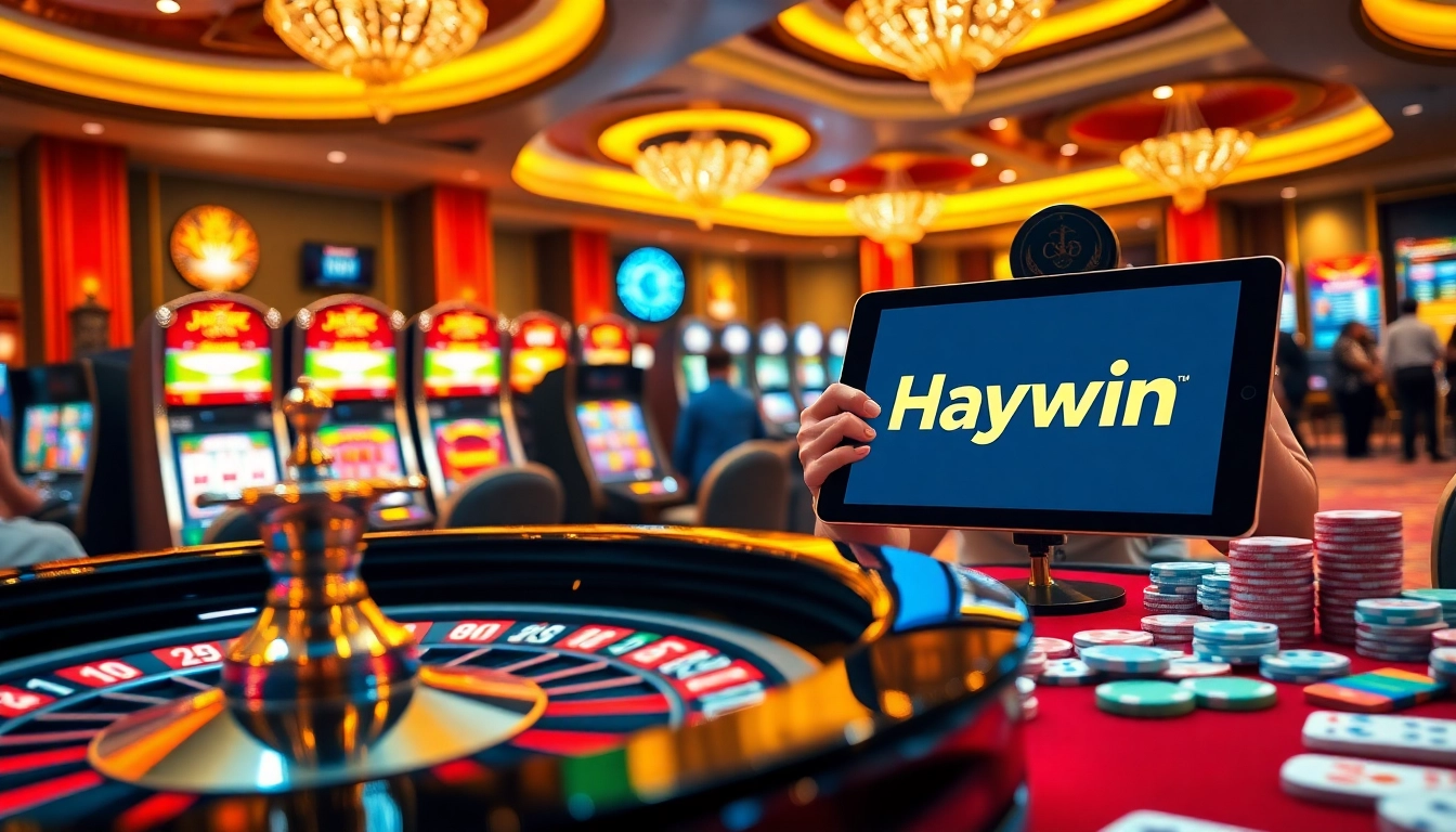 Experience the excitement of Cổng game Haywin with vibrant poker chips and spinning roulette.