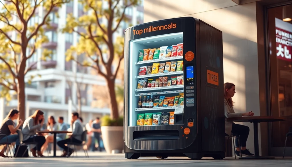 Engaging small vending machine in an urban setting with trendy snacks and drinks.