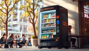 Engaging small vending machine in an urban setting with trendy snacks and drinks.