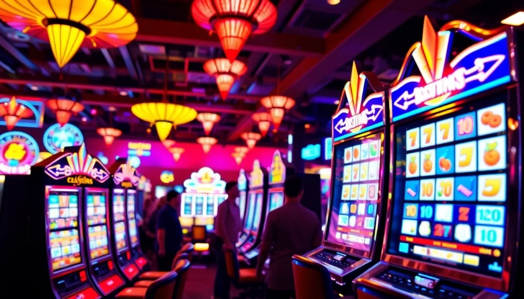 Slot depo 1000 penuh keseruan dengan mesin slot dan suasana kasino yang meriah.