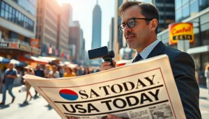 Capture the energy of Usa Today news coverage with a journalist in a bustling cityscape.