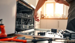 Technician performing appliance repair ottawa on a dishwasher in a bright kitchen.