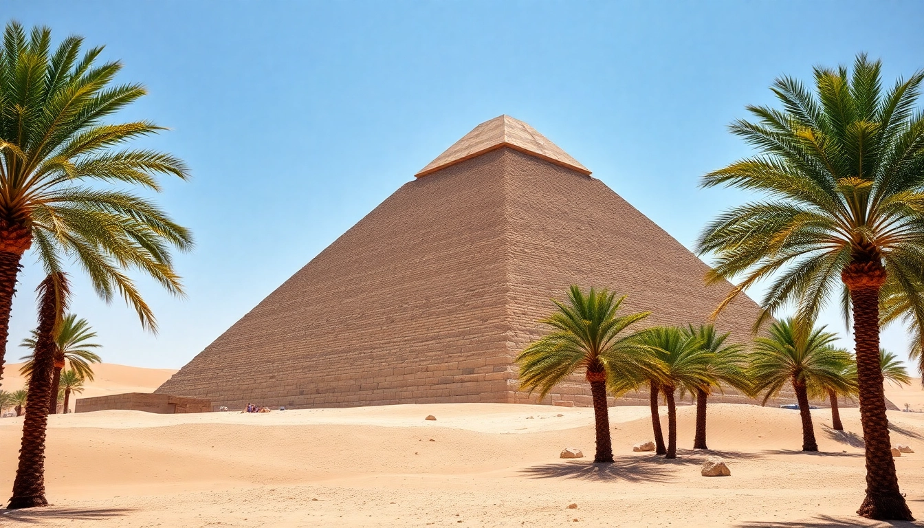 Piraminds stand tall against a clear blue sky, surrounded by lush palm trees and sand dunes.