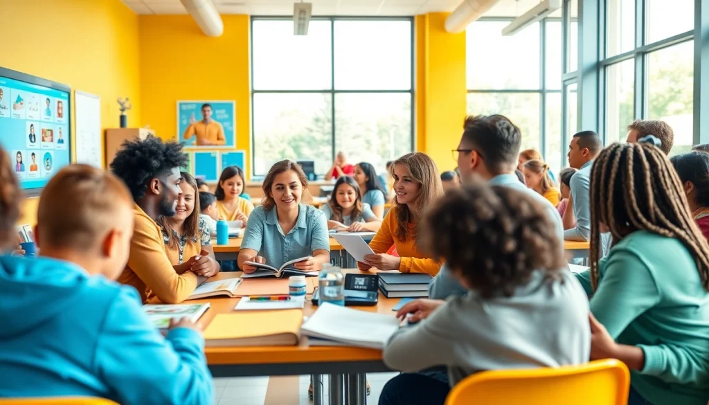 Engaged students in a modern classroom focused on education innovation and technology.