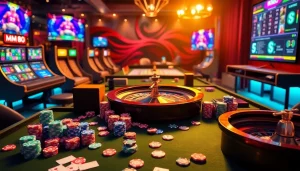 Experience the thrill of MM88 through an elegant online casino scene filled with vibrant slot machines and gaming tables.