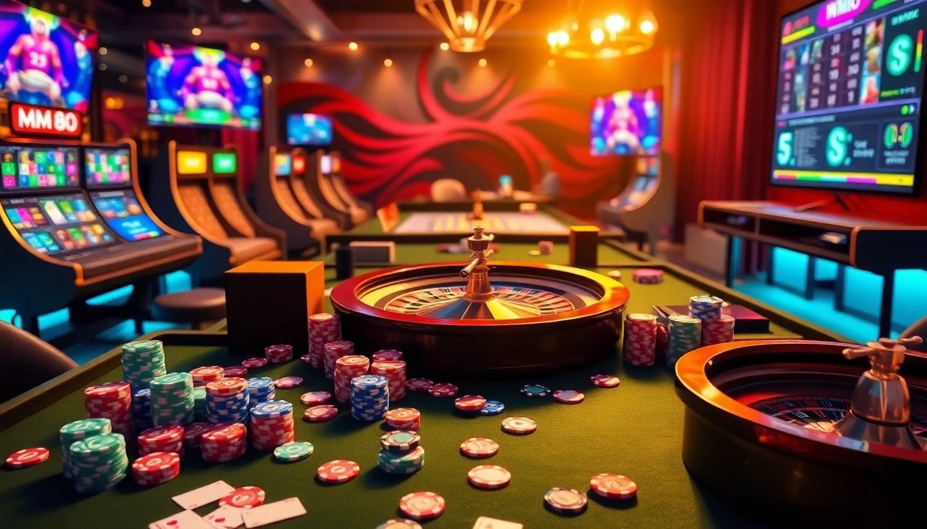 Experience the thrill of MM88 through an elegant online casino scene filled with vibrant slot machines and gaming tables.