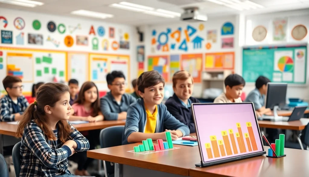 Students participating in gamification in education, engaged in interactive learning activities with colorful badges.