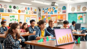 Students participating in gamification in education, engaged in interactive learning activities with colorful badges.