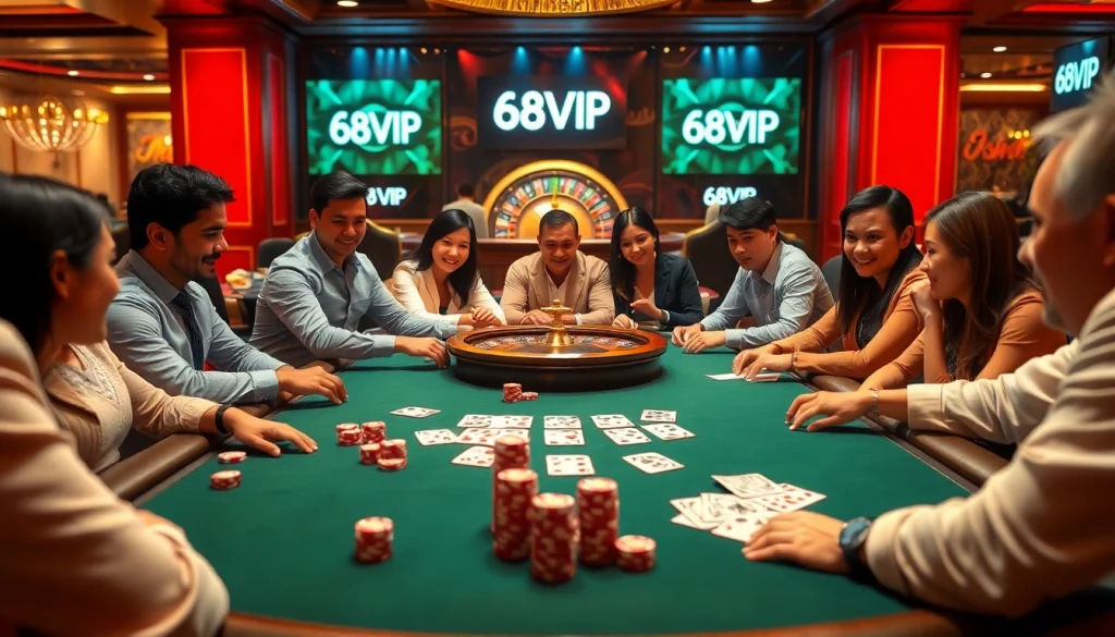 High-stakes poker game featuring diverse players and luxurious elements branded with 68VIP logo.