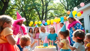 Birthday party entertainers engaging children joyfully at a vibrant celebration.