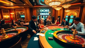 Experience the excitement of casino gaming with OK365, featuring vibrant tables, roulette wheels, and poker chips.