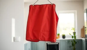 Fire blanket positioned in a modern kitchen, highlighting its essential safety features.