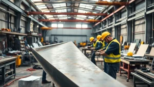 Skilled craftsmen engaged in structural steel fabrication in a busy workshop.