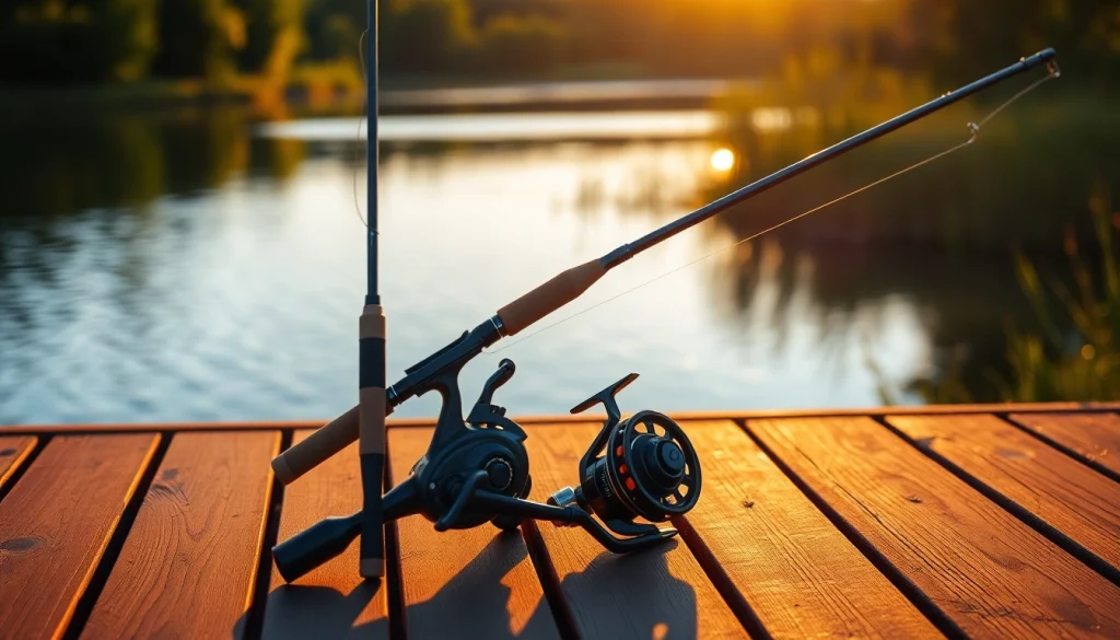 Showcase a Fly fishing combo on a scenic lake dock, emphasizing design and nature.