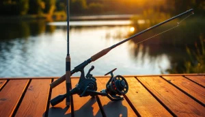 Showcase a Fly fishing combo on a scenic lake dock, emphasizing design and nature.