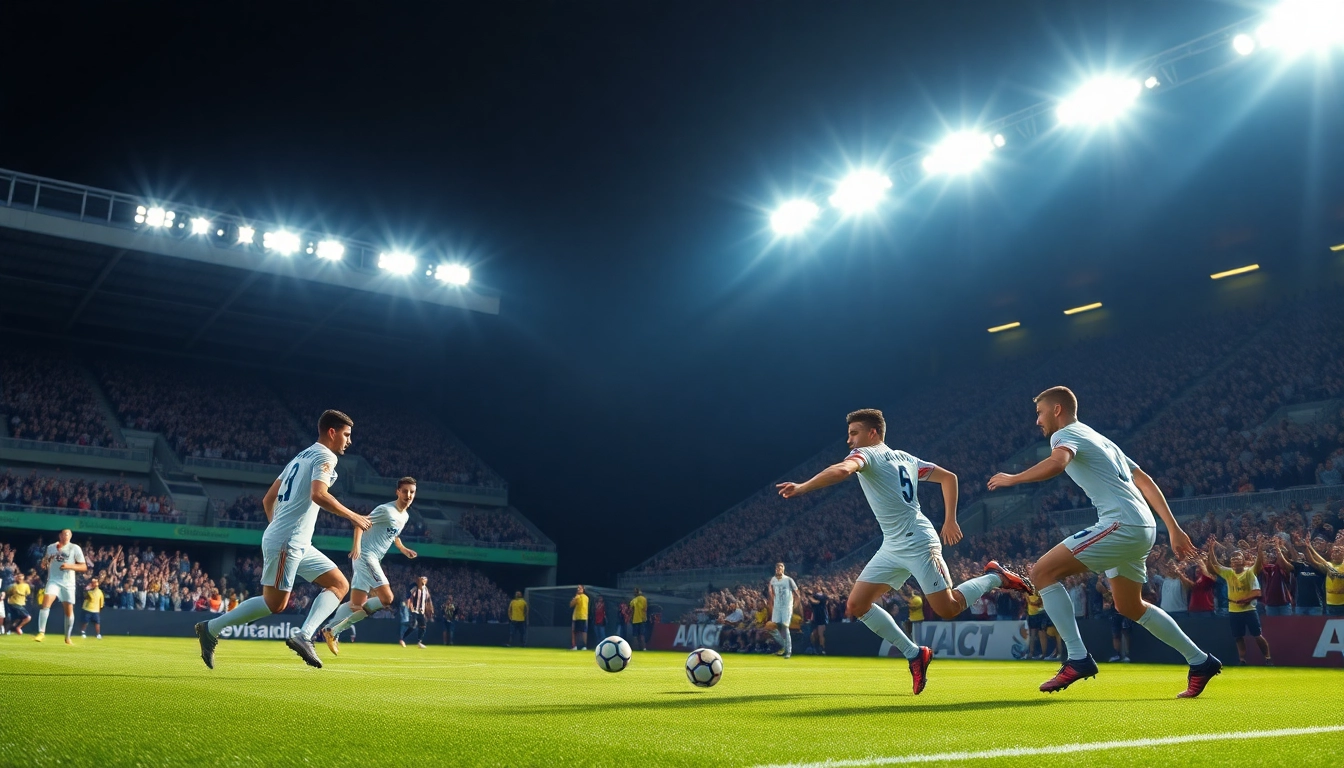 Experience the thrill of ฟุตบอลคืนนี้ with players competing fiercely under stadium lights.