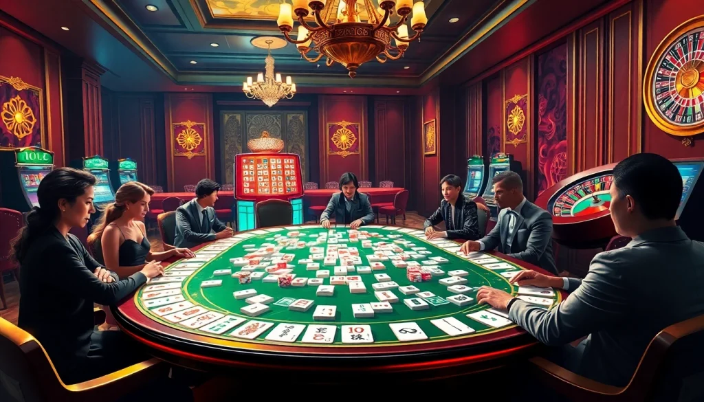 Experience thrilling gameplay in Mahjong Ways 2 at an upscale casino with vibrant tables and elegant players.