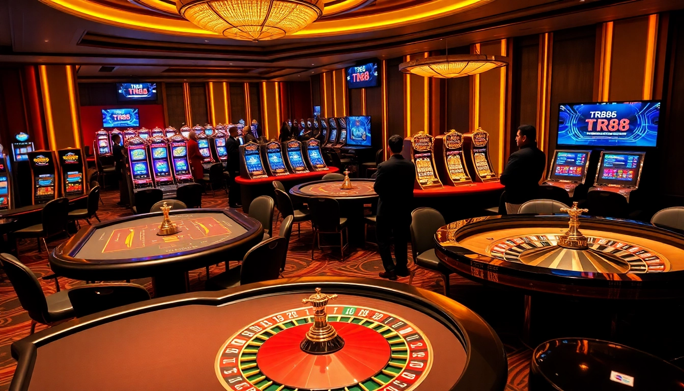 Experience thrilling gaming at website TR88 with luxurious casino tables and vibrant slot machines.