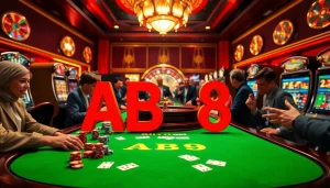 Excited gamblers at a luxurious casino table with ABC8 poker chips, cards, and roulette wheel.