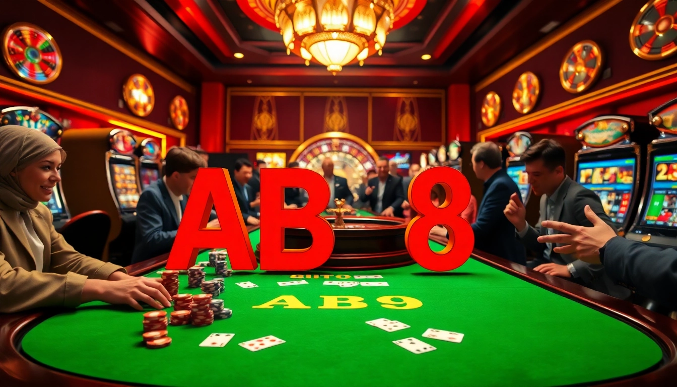 Excited gamblers at a luxurious casino table with ABC8 poker chips, cards, and roulette wheel.
