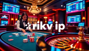 Engage in thrilling games at a luxurious rikvip casino table with vibrant poker chips and roulette wheels.