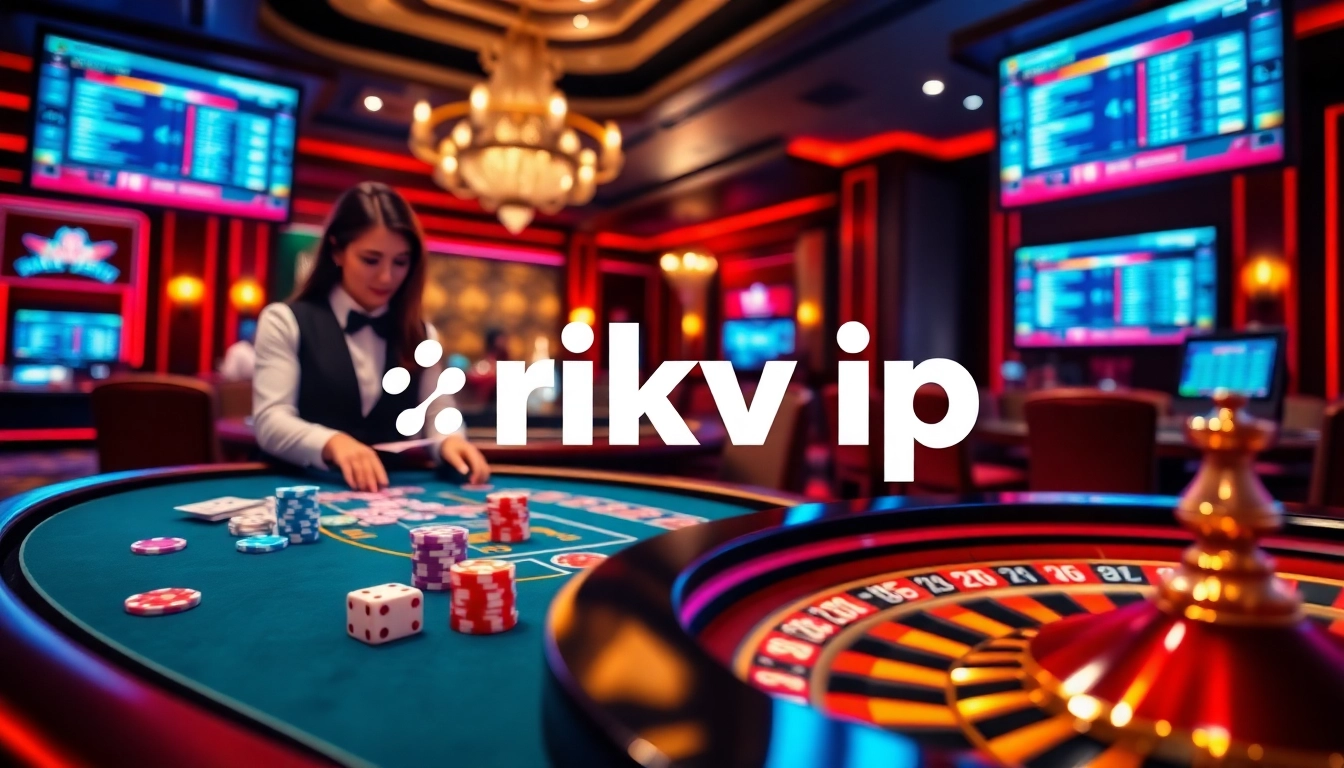 Engage in thrilling games at a luxurious rikvip casino table with vibrant poker chips and roulette wheels.