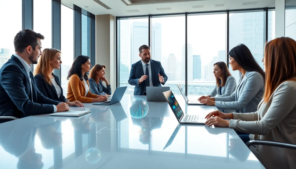 Illustrating an AI consulting company in UK collaborating with professionals in a modern office.