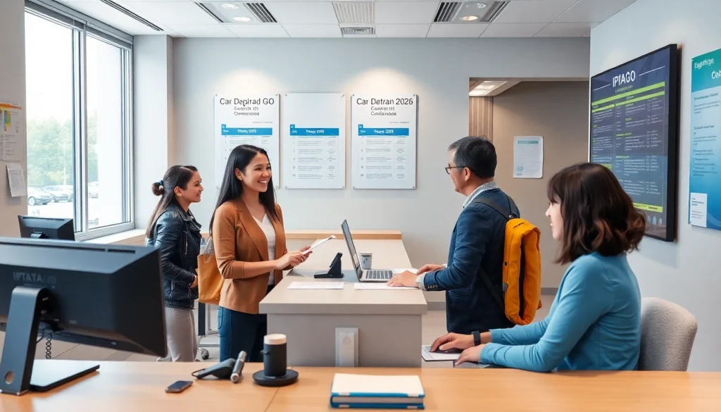 Detran GO office assisting citizens with IPVA 2026 payment and registration.